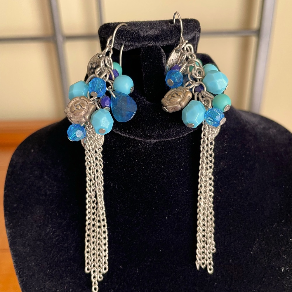 Blue and Silver Beaded Dangling Earrings